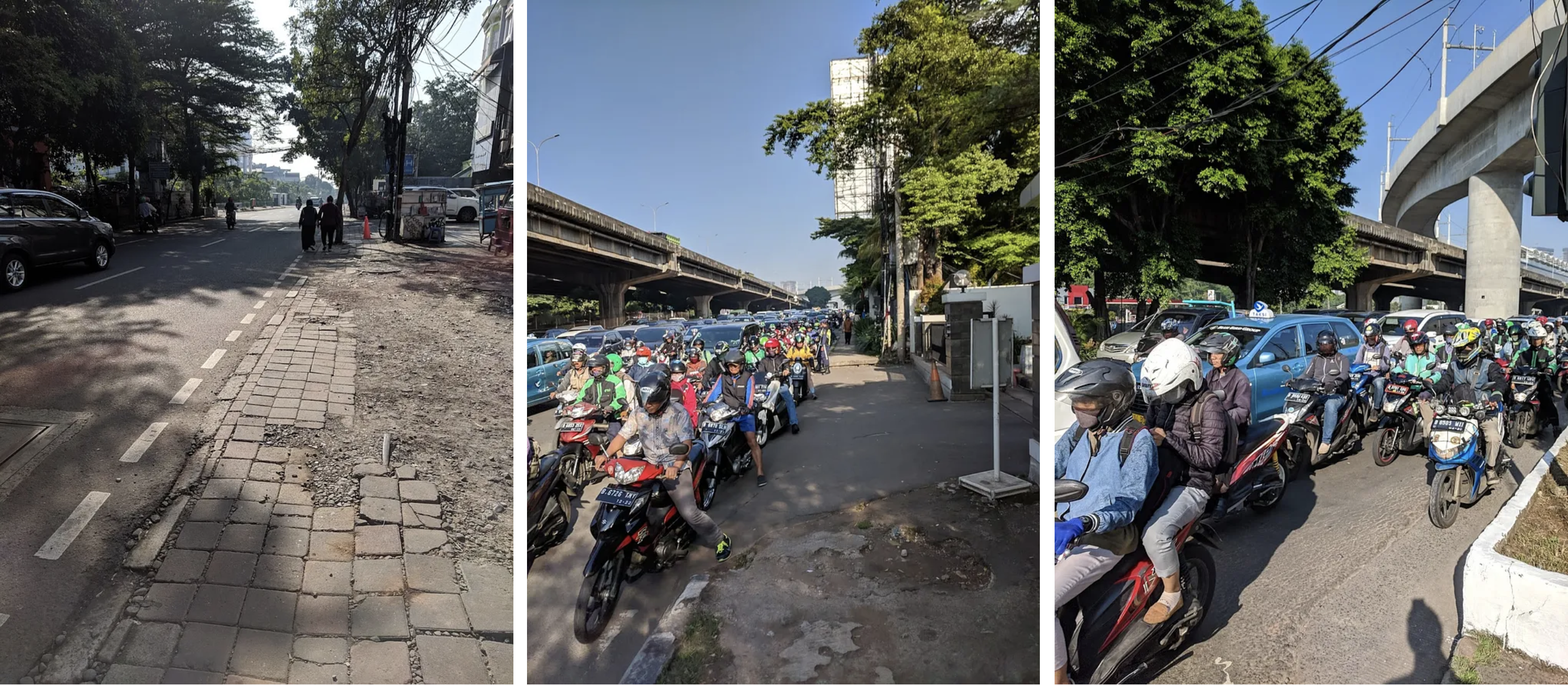 Three images depicting lack of good pedestrian walk; left: broken pavements; middle: crowded with motorcycle; right: no pedestrian walk at all