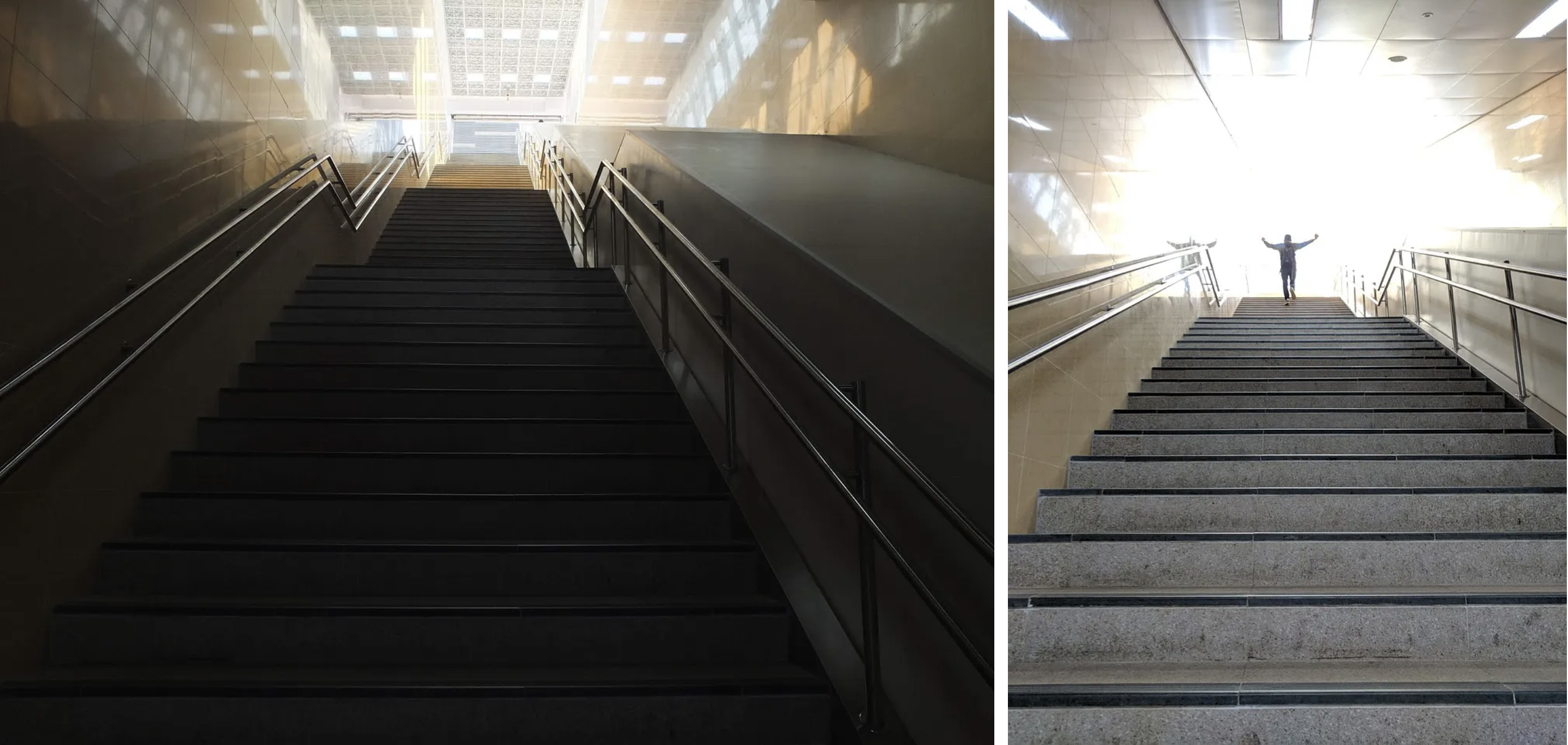 Left: very long stairs going up, and no elevator visible; right: a person shows accomplishment while bathing in light from the surface after reaching the top of the floor looks like a person achieved heaven