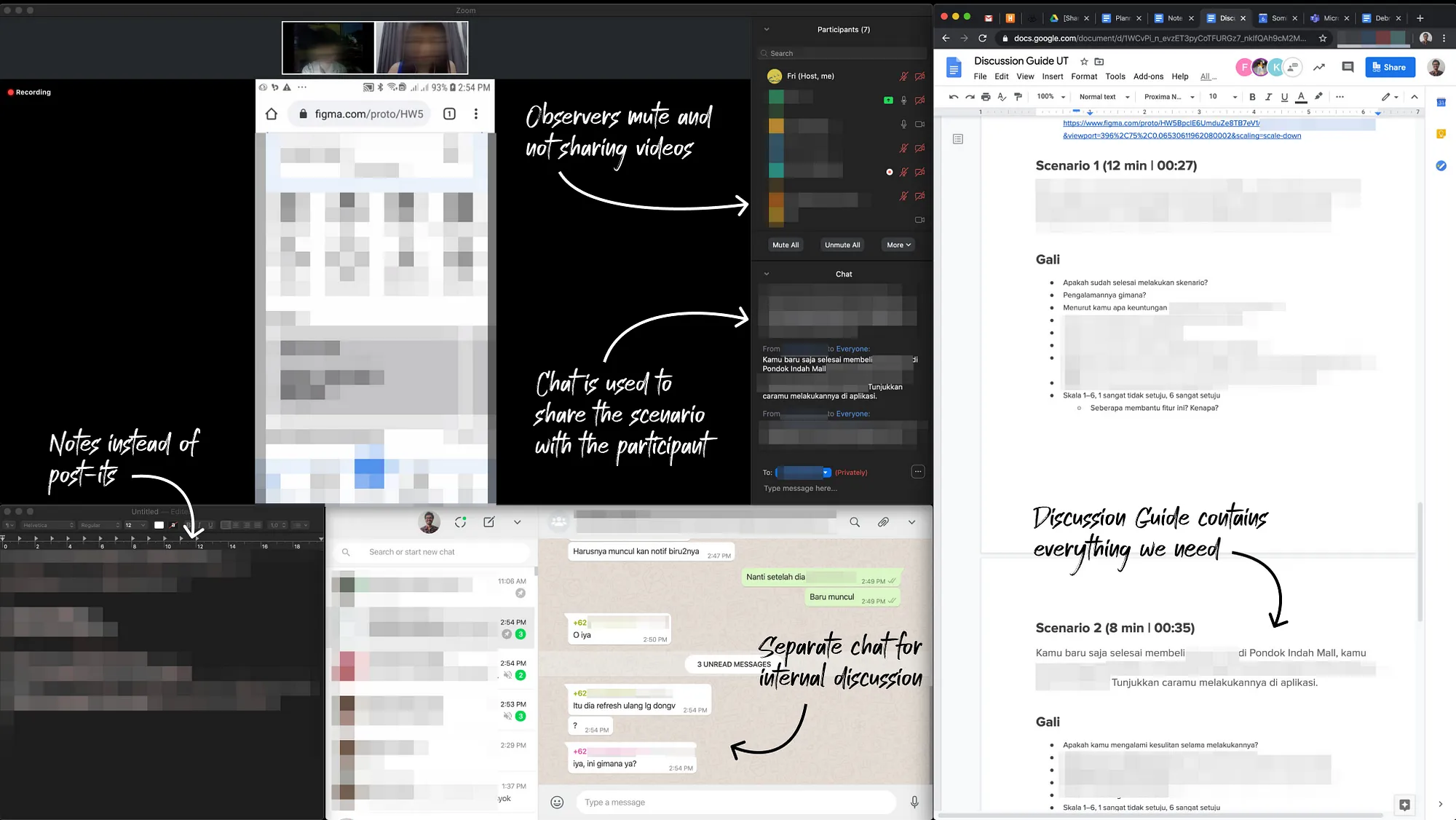 My screen setup during remote usability testing session: TOP-LEFT is the call app with participant list control open for easy access to muting unwanted voice and private chat open for sharing links and scenarios with the participant; BOTTOM-LEFT for note-taking; BOTTOM-MIDDLE for chat for internal discussion with observer; RIGHT is the discussion-guide